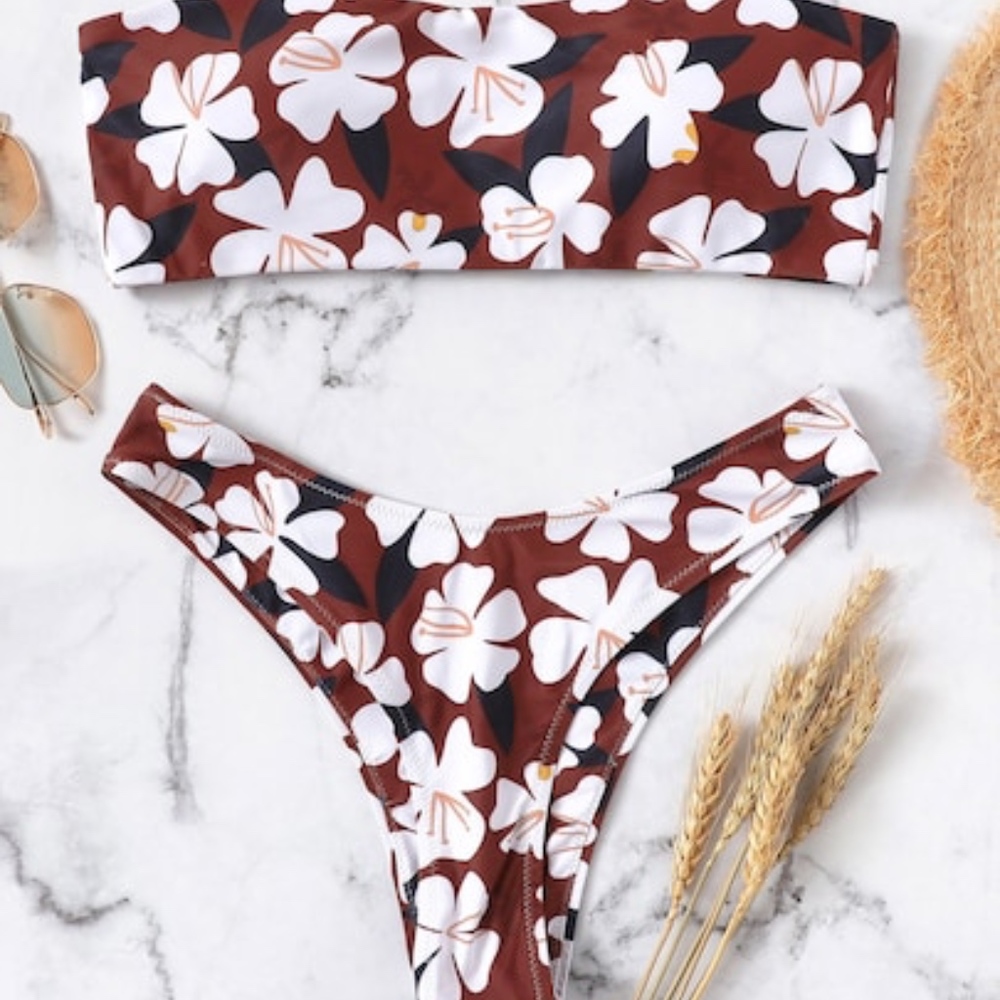 Floral Bandeau & High Leg Bikini Set